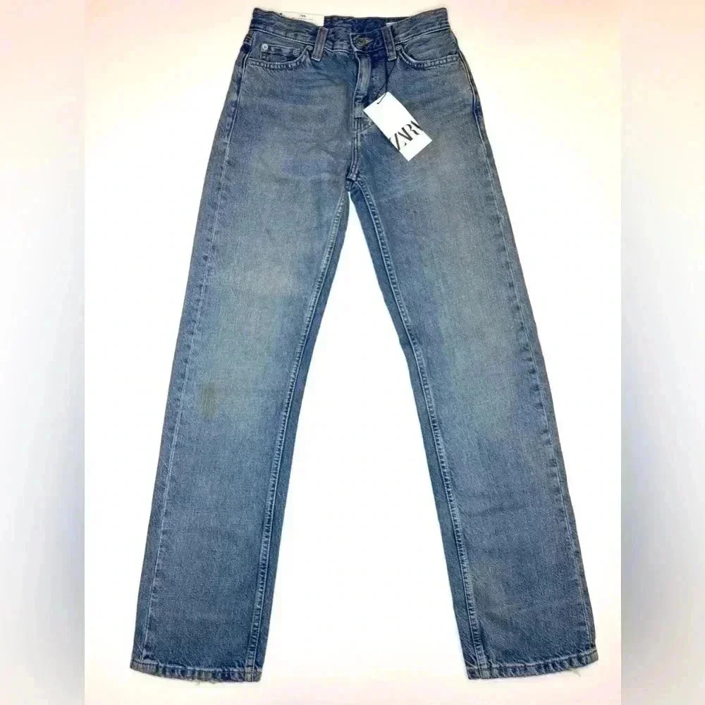 Zara Womens Straight Cut Mid Rise Jeans Light Blue Size- 0